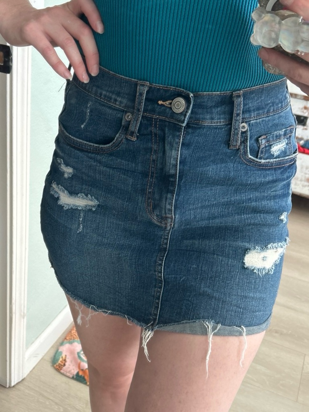 High Rise Aeropostale Dark Jean Skirt Distressed Denim